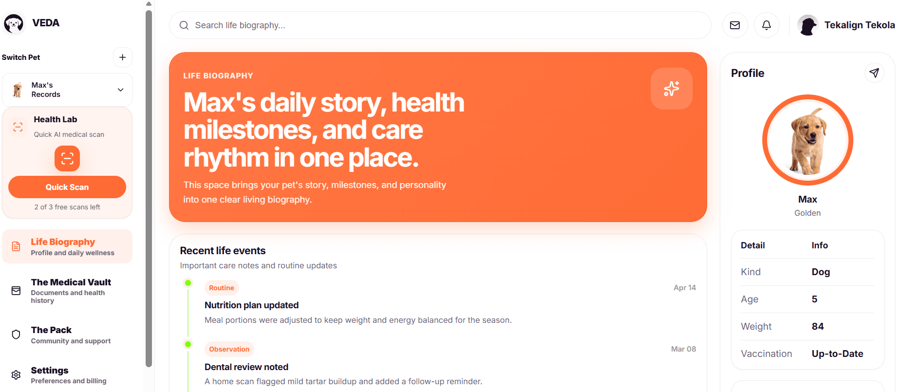 VEDA dashboard showing organized pet medical information